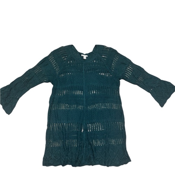 Green Crochet Knit Sweater Cover-Up Boho Tunic - Picture 2 of 7